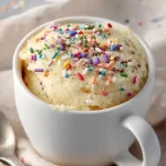 Delicious egg-free vanilla mug cake in a microwave mug, ready in 5 minutes.