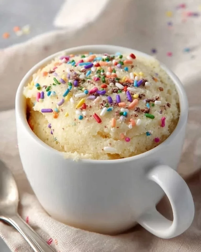 Delicious egg-free vanilla mug cake in a microwave mug, ready in 5 minutes.
