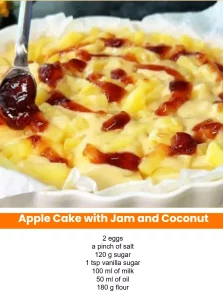 Delicious Apple Cake with Jam and Coconut, topped with fresh coconut flakes