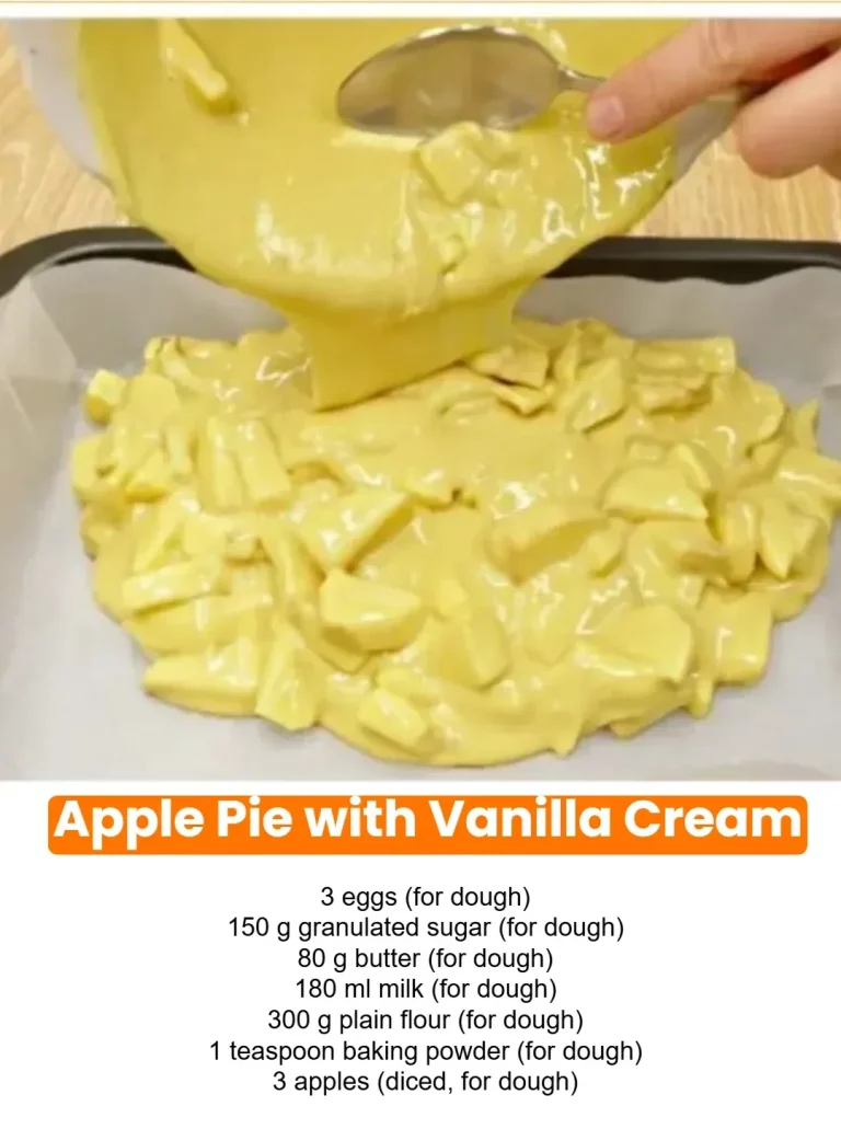 Slice of apple pie topped with vanilla cream on a plate