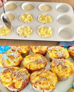 Homemade apple yogurt cake topped with fresh apple slices and yogurt frosting