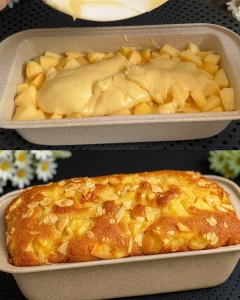 Apple Yogurt Cake topped with fresh apples and yogurt icing.