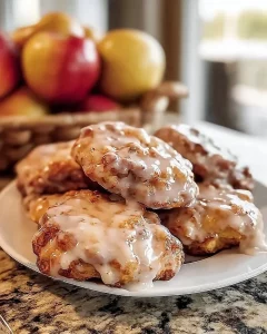 Baked apple fritters with glaze on a plate