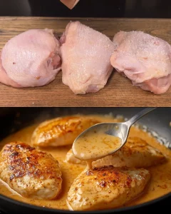 Baked chicken thighs served with vegetable salad and rice on a plate