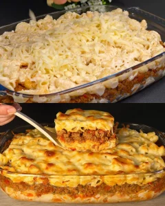 Baked pipe rigate pasta with meat and béchamel sauce in a casserole dish
