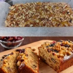Homemade Banana Apple Oat Bars with fresh fruit and oats on a wooden table.