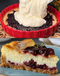 Delicious Berry Jam Cottage Cheese Cake served on a rustic wooden table