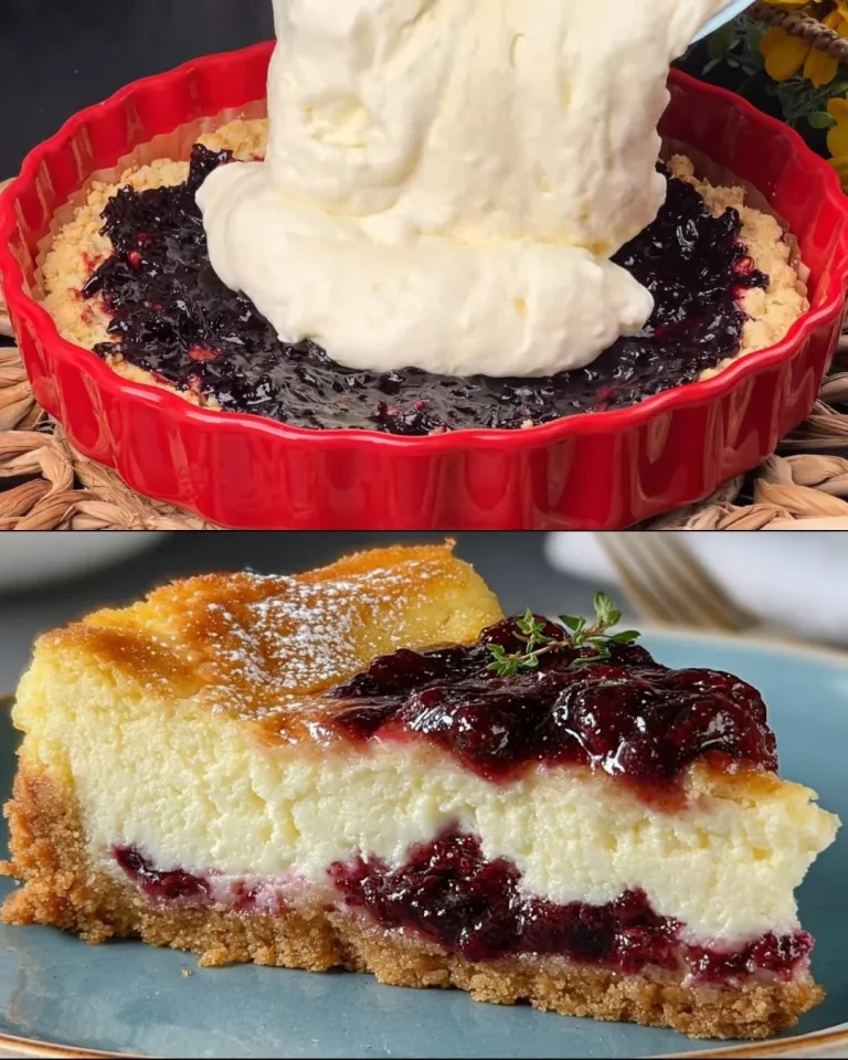 Delicious Berry Jam Cottage Cheese Cake served on a rustic wooden table