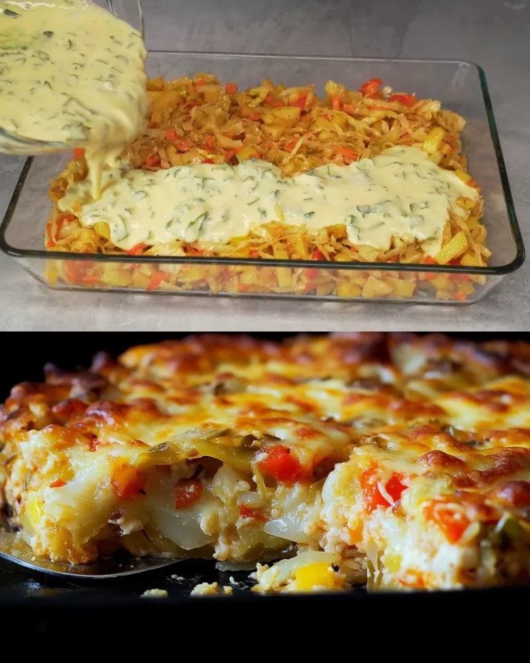 Baked cabbage casserole topped with cheese and herbs in a baking dish