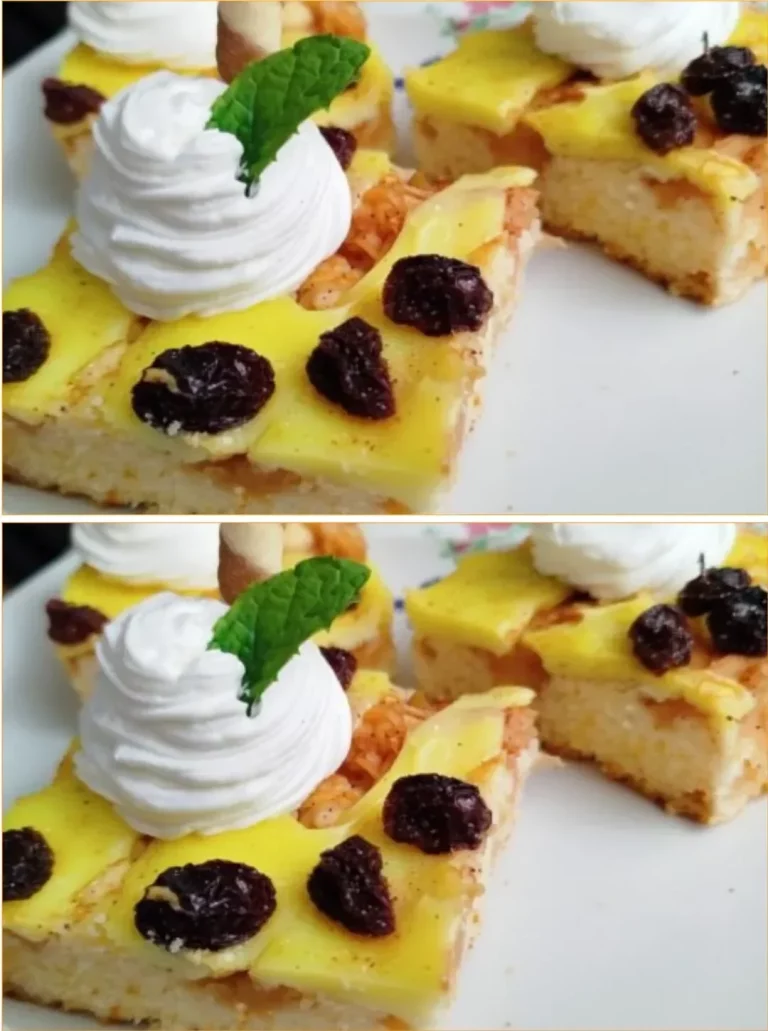 Delicious cast iron pie filled with apples and custard served on a table.
