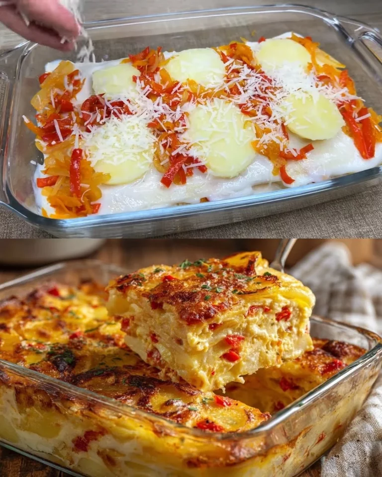 Cheesy potato and vegetable lasagna bake in a casserole dish