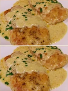 Plate of chicken slices in garlic sauce garnished with herbs