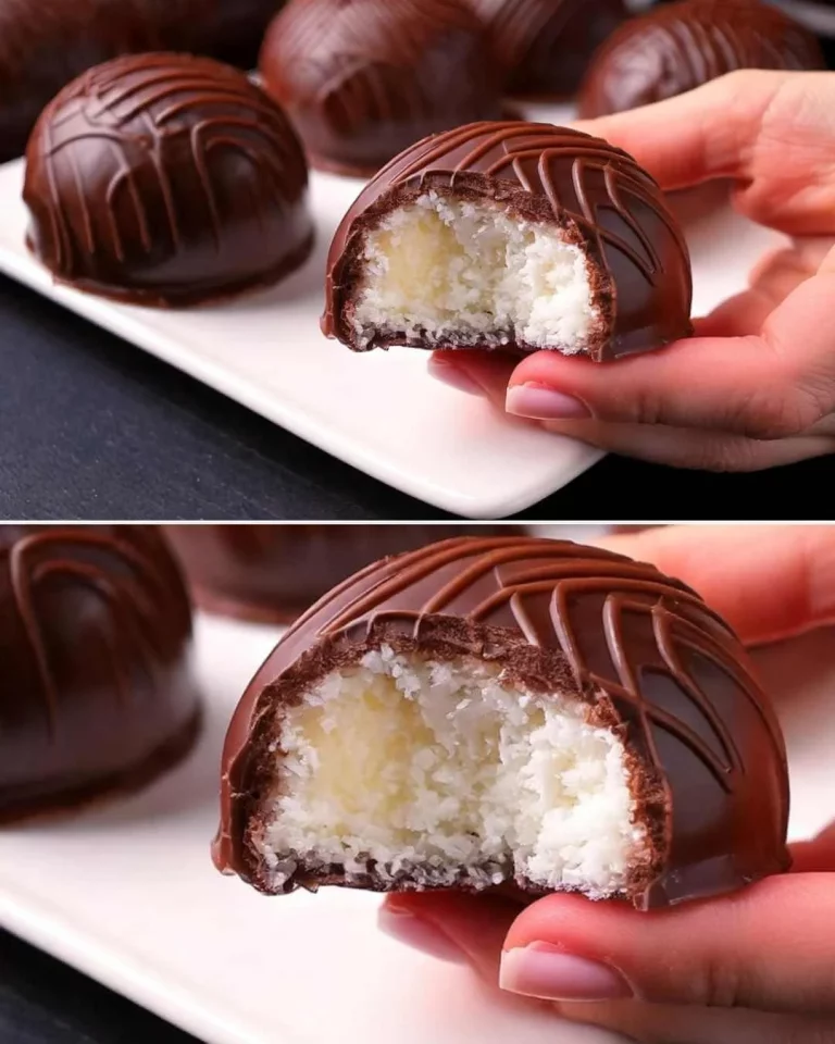 Delicious chocolate-covered coconut bonbons on a decorative plate.