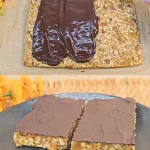 Delicious chocolate oat bars layered with chocolate and oats