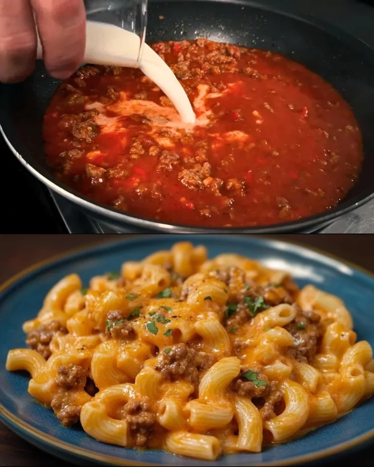 Creamy minced meat pasta bake topped with cheese and herbs.