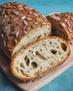 Sliced crispy protein seed bread on a wooden cutting board