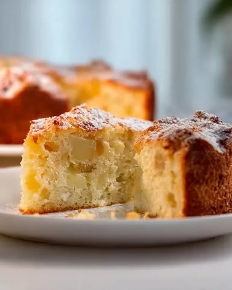 Slice of easy apple cake topped with fresh apples and cinnamon on a plate