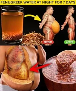 A glass of fenugreek water with fenugreek seeds on the side