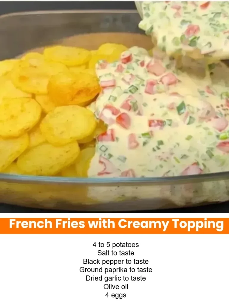 French fries topped with creamy sauce and garnished with herbs