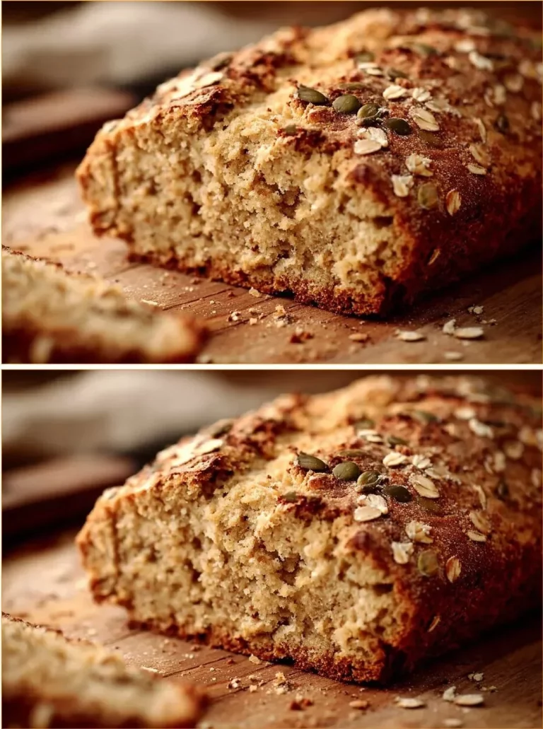Slice of gluten-free oat bread on a wooden cutting board.