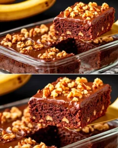 Delicious healthy banana brownies on a plate with fresh bananas