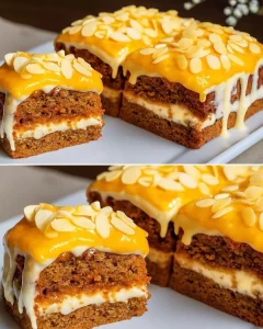 Healthy oat cake with cream filling and orange glaze on a white plate