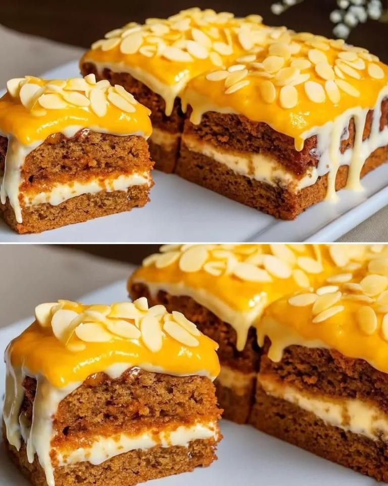 Healthy oat cake with cream filling and orange glaze on a white plate