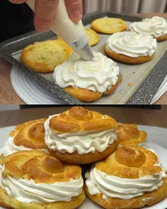 Lemon cream puffs filled with condensed milk, garnished and delicious.