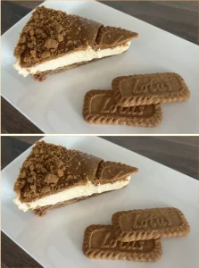 Delicious slice of Lotus Cheesecake topped with crushed cookies