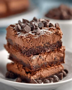 Low Carb No Bake Death by Chocolate Cheesecake Bars sliced on a plate