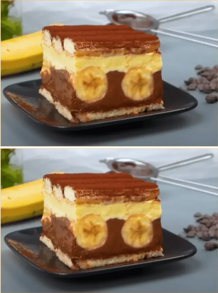 No-Bake Banana Cake with Two Creams and Sponge Cakes on a decorative plate.