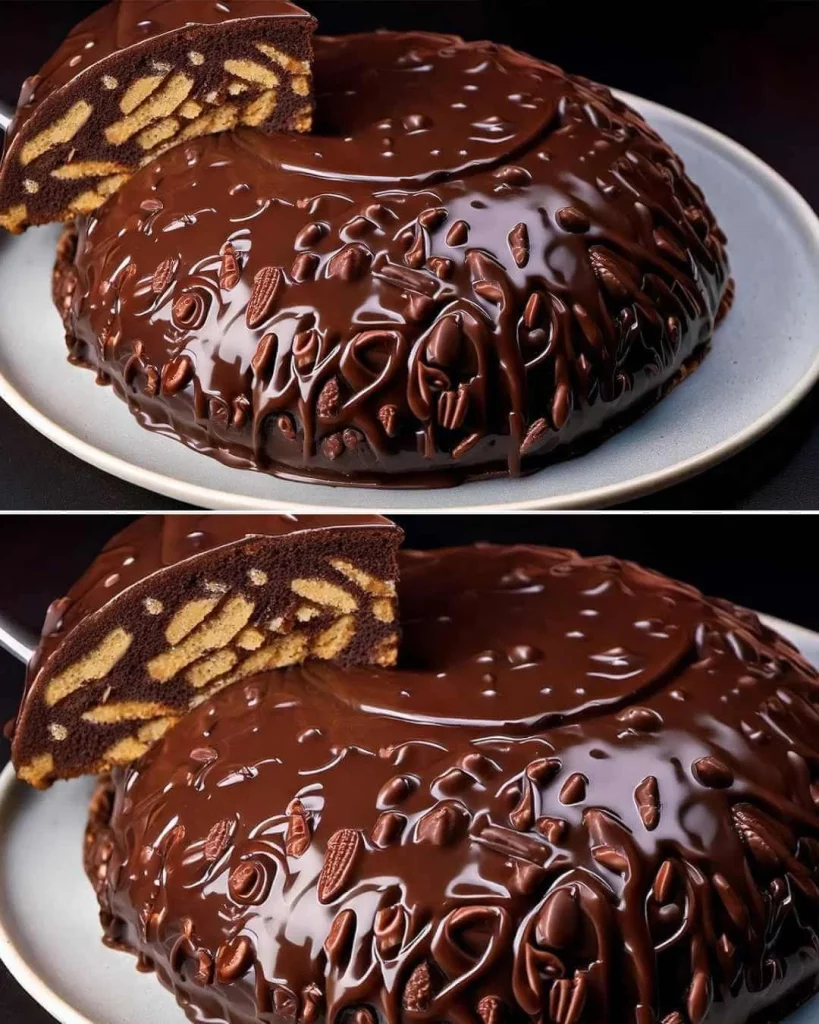 No-Bake Chocolate Cookie Cake decorated with chocolate shavings and cookie crumbs