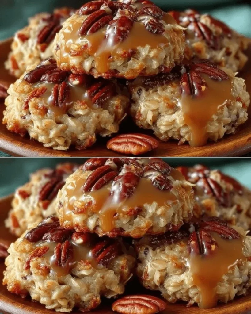 No-bake coconut pecan praline cookies on a stylish plate