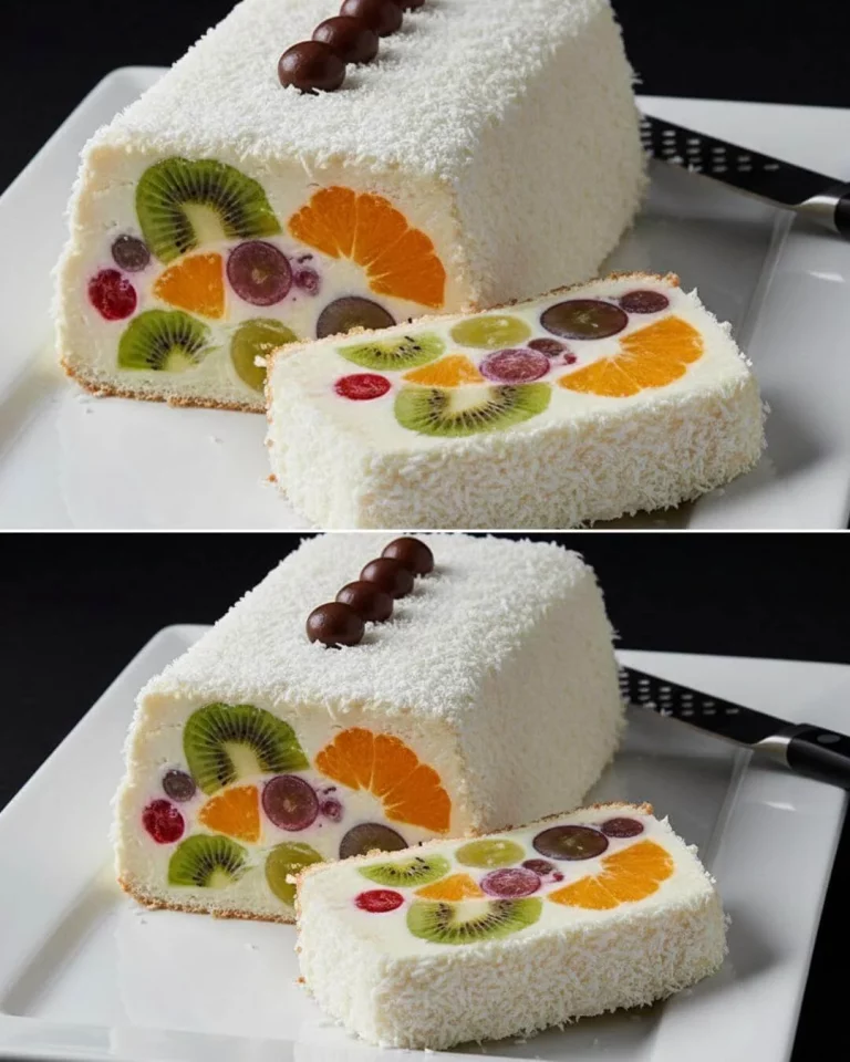 Colorful no-bake fruit mosaic dessert with fresh fruits and cream layers.