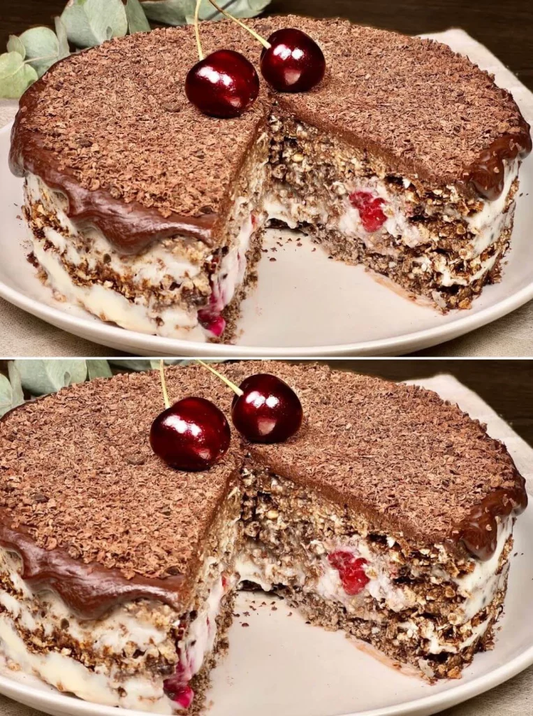 No-bake layered cake with colorful layers and toppings