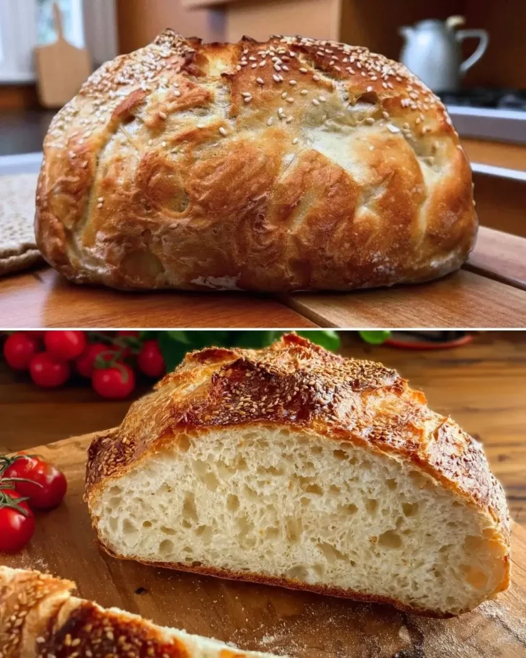 Freshly baked no-knead bread loaf on a wooden table