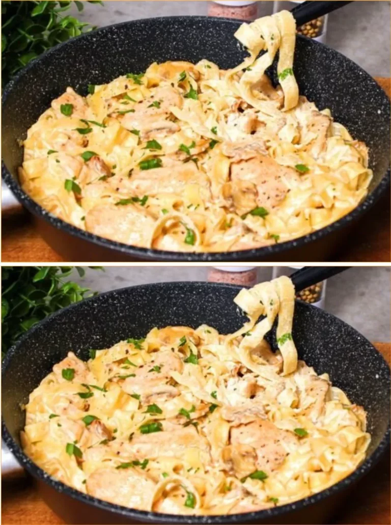 Pasta with Chicken in creamy sauce topped with herbs