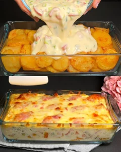 Delicious potato sausage egg bake casserole topped with cheese and herbs.