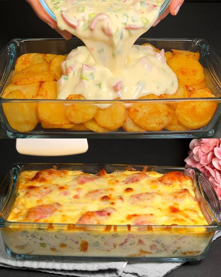 Delicious potato sausage egg bake casserole topped with cheese and herbs.