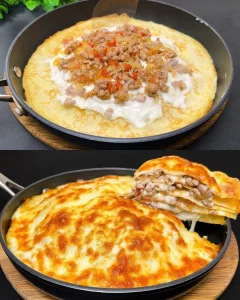Savory pancake lasagna layered with minced meat and mozzarella cheese