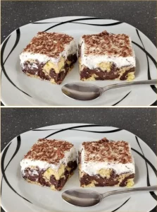 Step mother slices with chocolate pudding and sour cream cream dessert