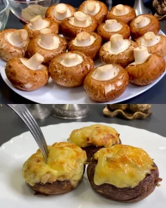 Stuffed mushrooms filled with chicken and cheese, a delicious appetizer.