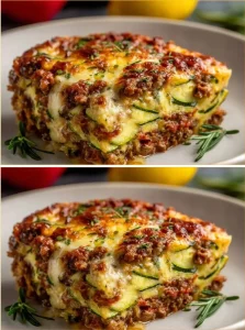 Zucchini Pizza Casserole topped with cheese and fresh herbs