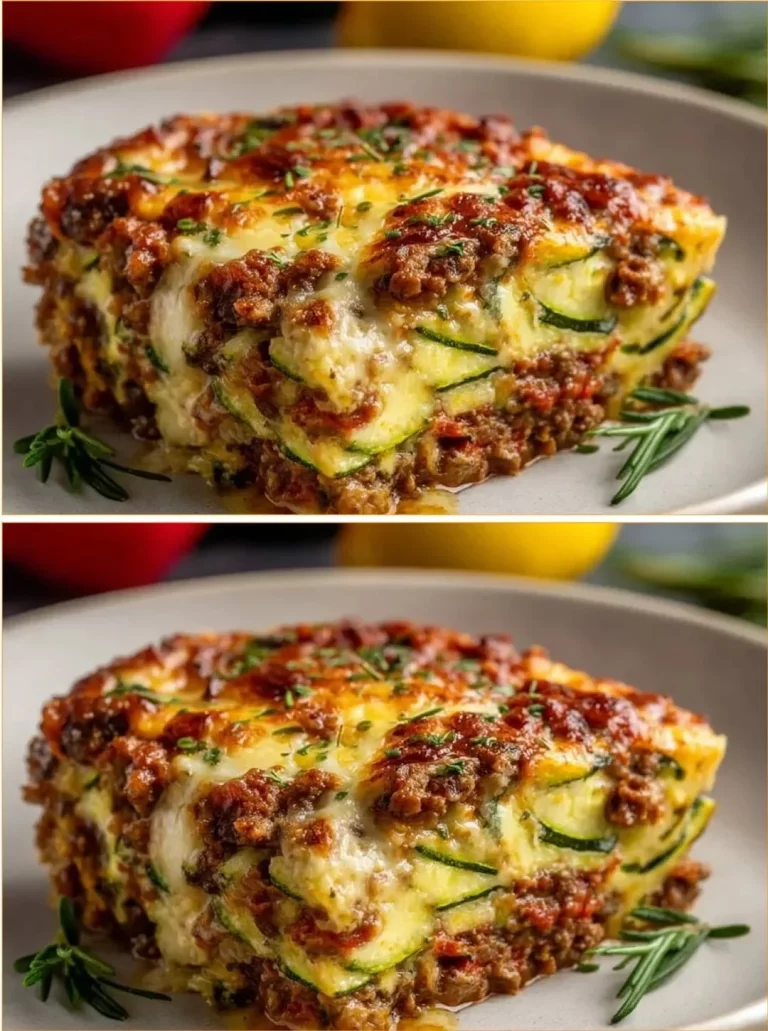 Zucchini Pizza Casserole topped with cheese and fresh herbs