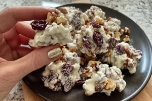 3 Ingredient White Chocolate Cranberry Pecan Clusters in a bowl