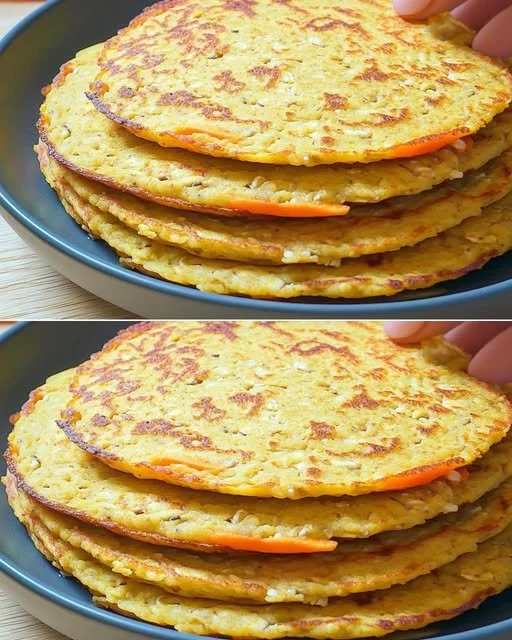 Delicious apple carrot oat pancakes stacked on a plate with syrup drizzle