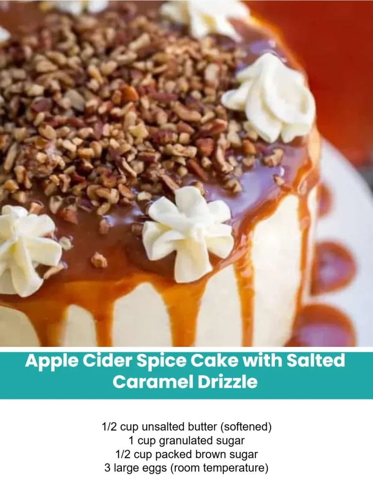 Delicious Apple Cider Spice Cake with Salted Caramel Drizzle on a rustic table
