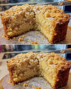 Delicious apple crumble cake topped with brown sugar cream