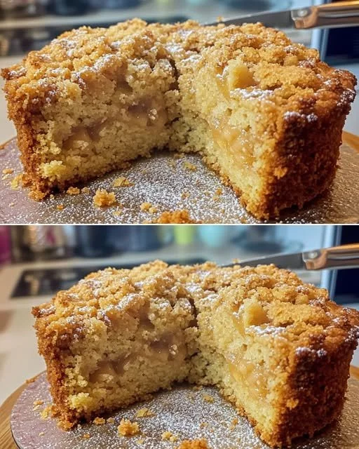 Delicious apple crumble cake topped with brown sugar cream