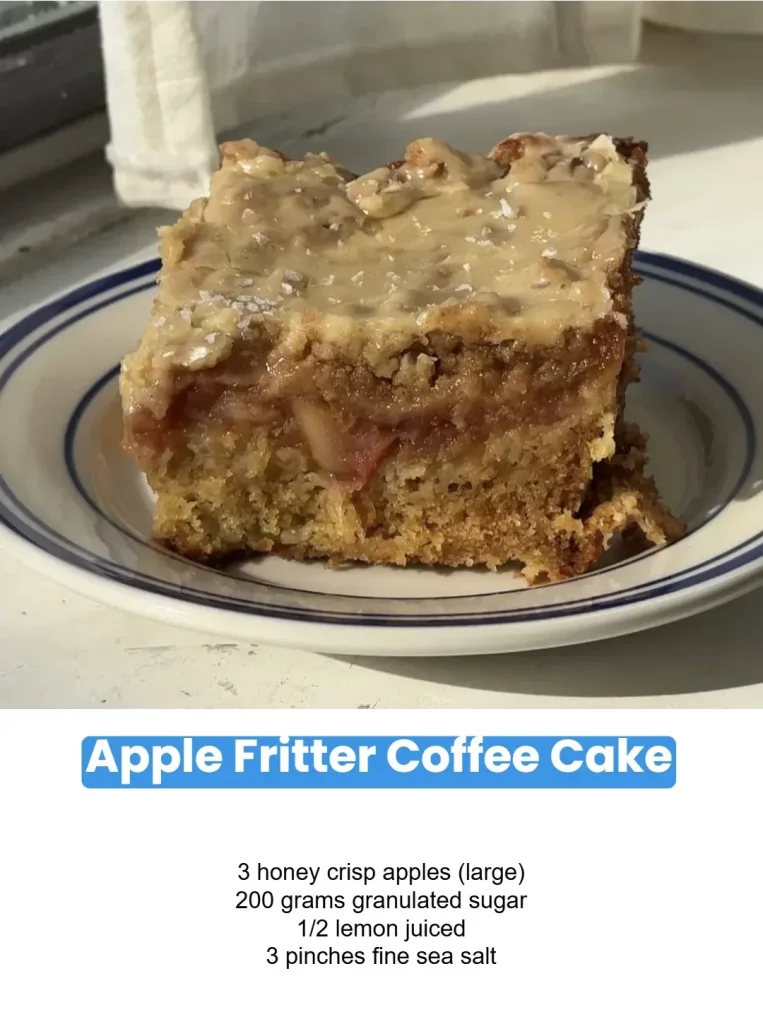 Slice of Apple Fritter Coffee Cake topped with glaze and apples